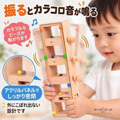木製 指先訓練タワー モンテッソーリ おもちゃ ノブ 回転 プッシュプル カラーボール 知育玩具 集中力 手先訓練 36ヶ月+ サイズ29.5cm