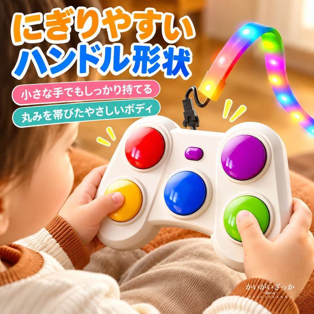 リズムゲーム機 5色ボタン LEDライトストリップ付き 知育玩具 反応力 記憶力 瞬発力トレーニング 電池USB両用 親子対戦 コントローラー型 光る ギフト