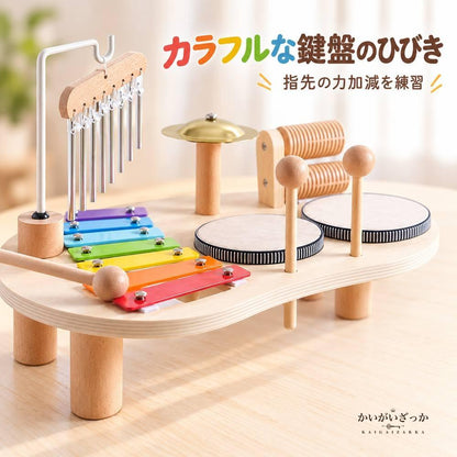 木製知育楽器セット テーブル型 木琴 ドラム 風鈴 シンバル ラトル ローラー マレット2本付き 赤ちゃん 1歳 2歳 モンテッソーリ 音楽玩具 出産祝い プレゼント
